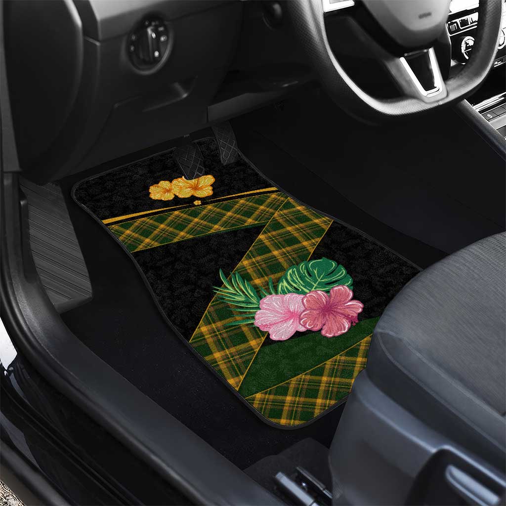 Martinique Heritage Car Mats Hibiscus Floral Design with Green and Yellow Madras Tartan