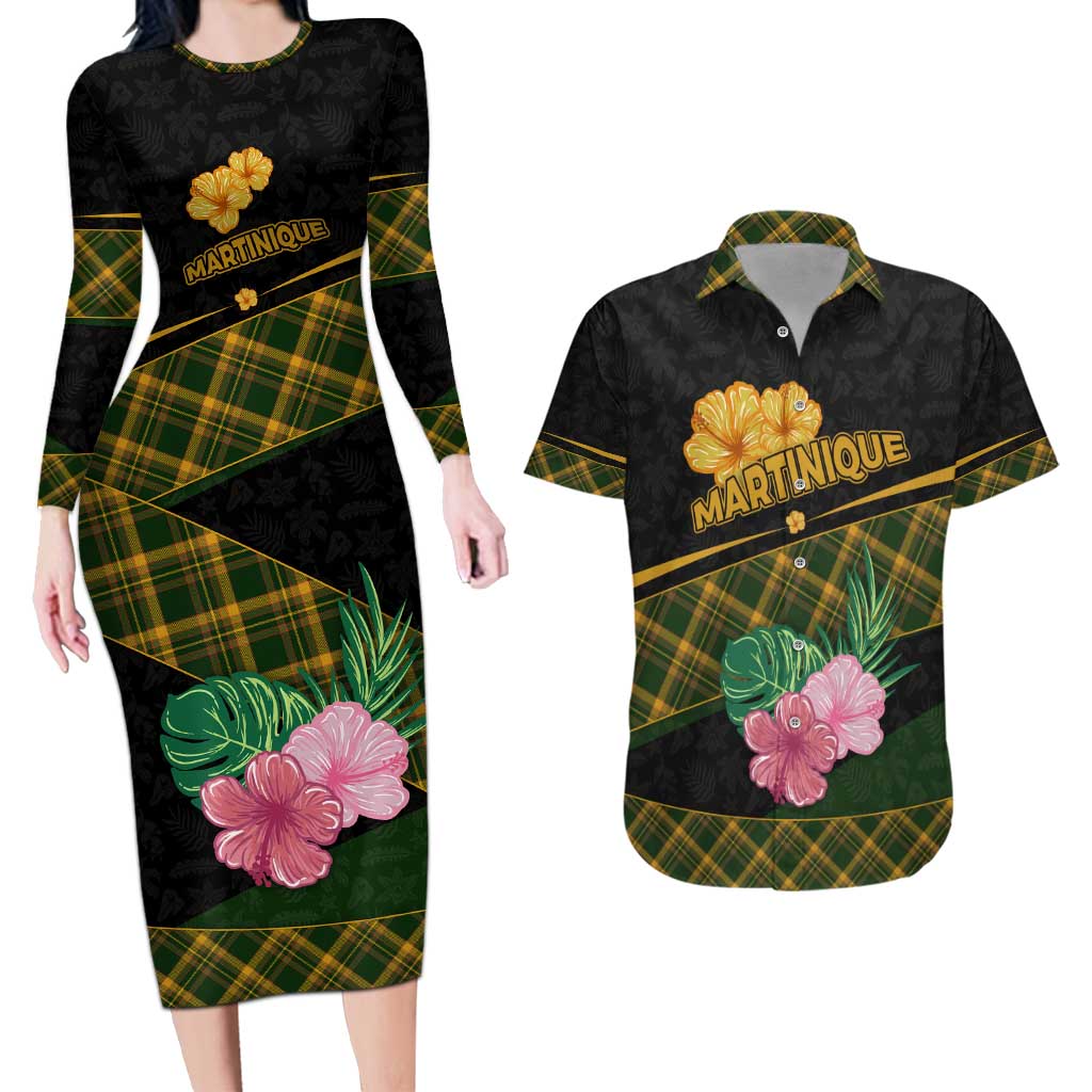 Martinique Heritage Couples Matching Long Sleeve Bodycon Dress and Hawaiian Shirt Hibiscus Floral Design with Green and Yellow Madras Tartan