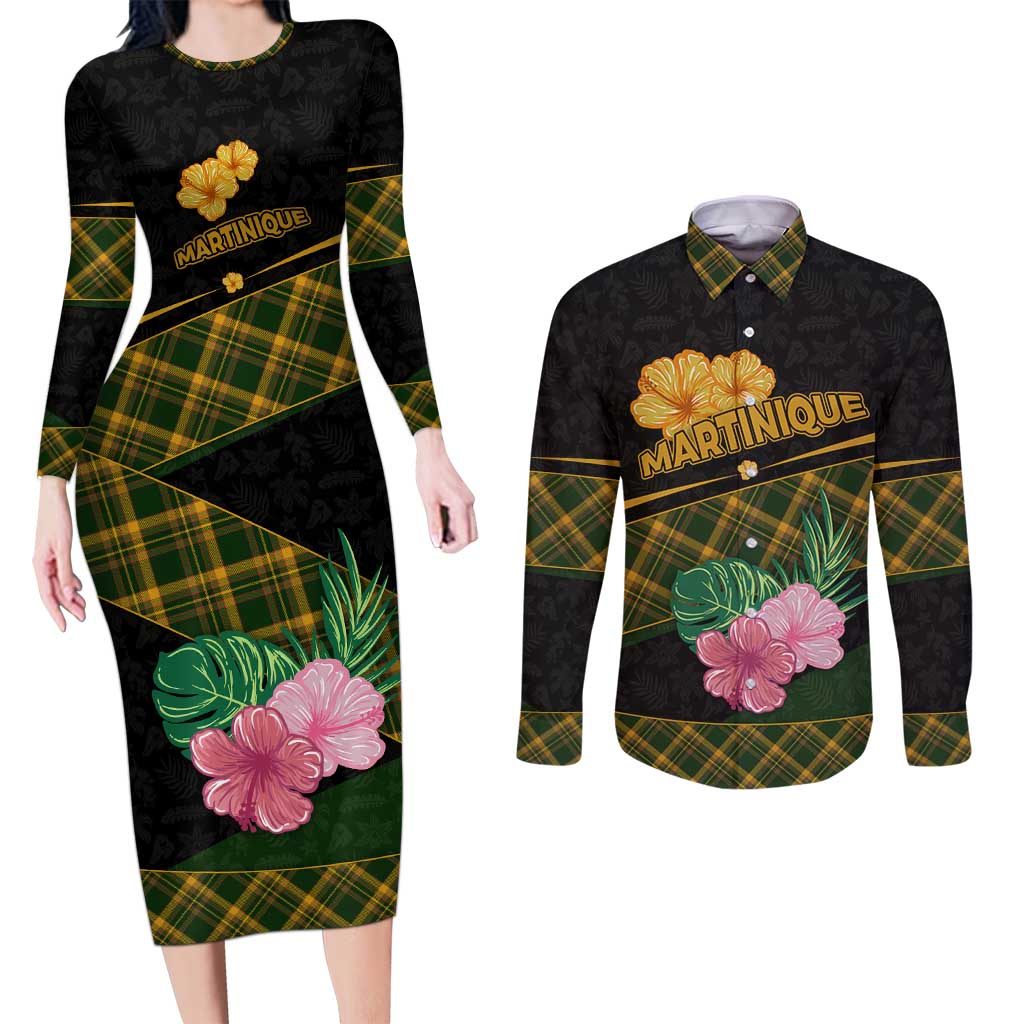 Martinique Heritage Couples Matching Long Sleeve Bodycon Dress and Long Sleeve Button Shirt Hibiscus Floral Design with Green and Yellow Madras Tartan