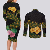 Martinique Heritage Couples Matching Long Sleeve Bodycon Dress and Long Sleeve Button Shirt Hibiscus Floral Design with Green and Yellow Madras Tartan