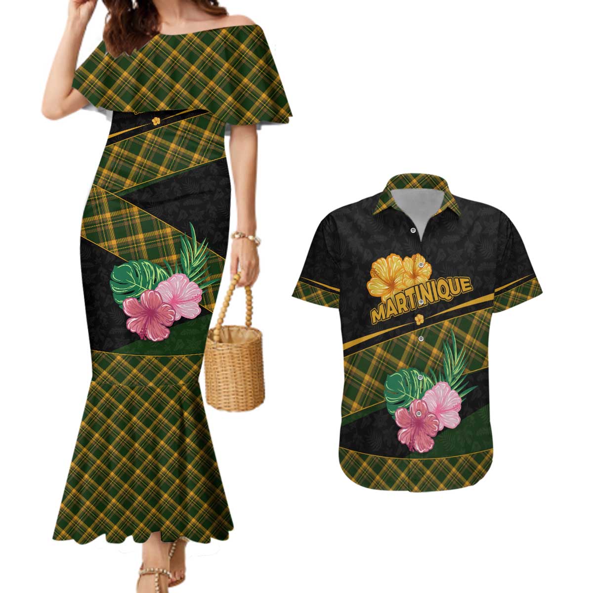 Martinique Heritage Couples Matching Mermaid Dress and Hawaiian Shirt Hibiscus Floral Design with Green and Yellow Madras Tartan
