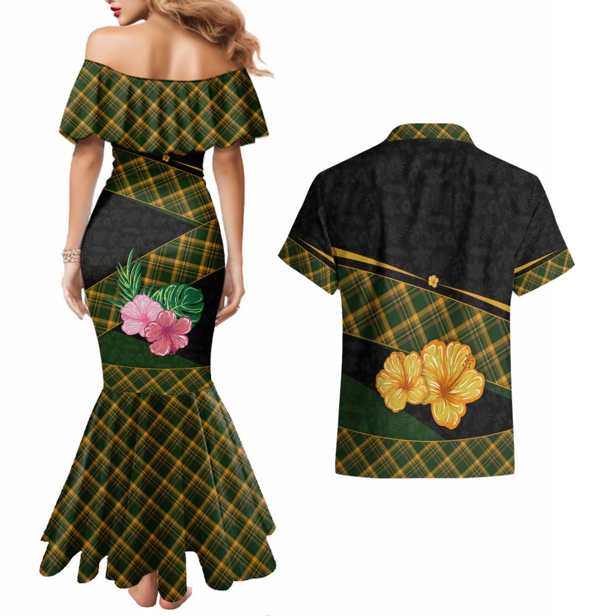 Martinique Heritage Couples Matching Mermaid Dress and Hawaiian Shirt Hibiscus Floral Design with Green and Yellow Madras Tartan