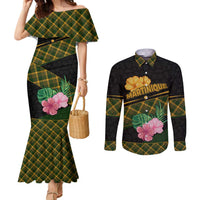 Martinique Heritage Couples Matching Mermaid Dress and Long Sleeve Button Shirt Hibiscus Floral Design with Green and Yellow Madras Tartan