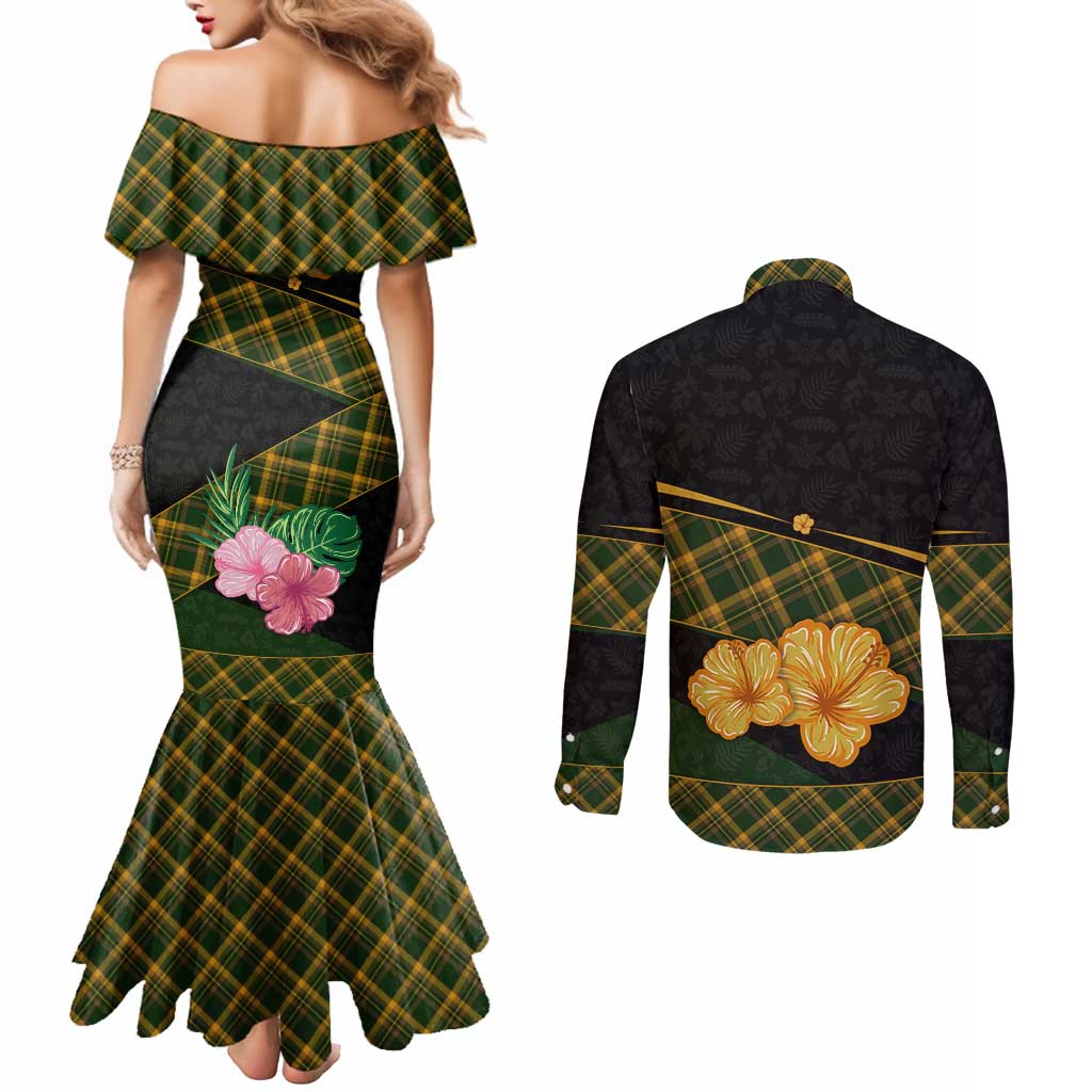 Martinique Heritage Couples Matching Mermaid Dress and Long Sleeve Button Shirt Hibiscus Floral Design with Green and Yellow Madras Tartan