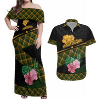 Martinique Heritage Couples Matching Off Shoulder Maxi Dress and Hawaiian Shirt Hibiscus Floral Design with Green and Yellow Madras Tartan