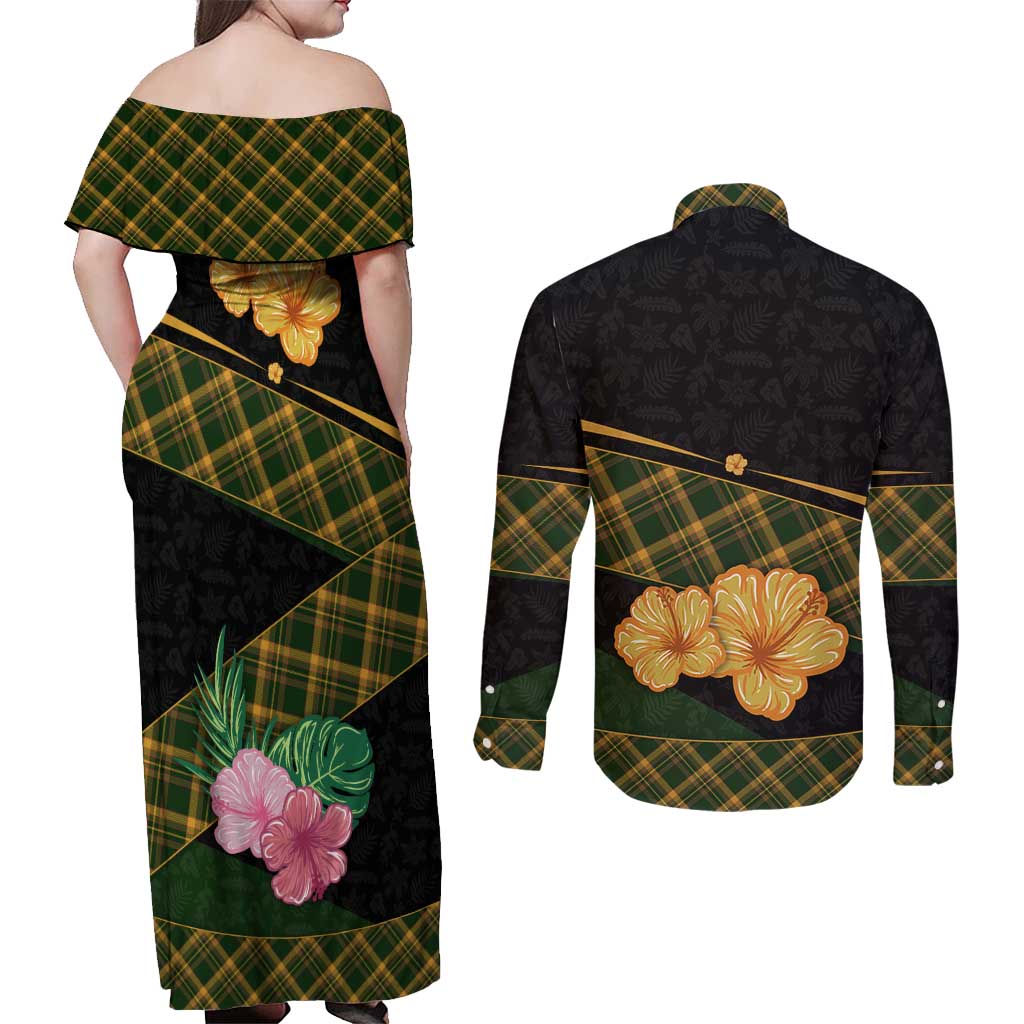 Martinique Heritage Couples Matching Off Shoulder Maxi Dress and Long Sleeve Button Shirt Hibiscus Floral Design with Green and Yellow Madras Tartan