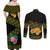 Martinique Heritage Couples Matching Off Shoulder Maxi Dress and Long Sleeve Button Shirt Hibiscus Floral Design with Green and Yellow Madras Tartan