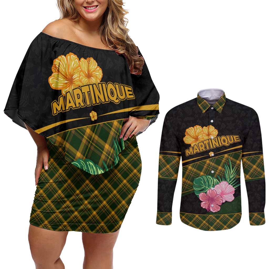 Martinique Heritage Couples Matching Off Shoulder Short Dress and Long Sleeve Button Shirt Hibiscus Floral Design with Green and Yellow Madras Tartan