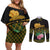 Martinique Heritage Couples Matching Off Shoulder Short Dress and Long Sleeve Button Shirt Hibiscus Floral Design with Green and Yellow Madras Tartan