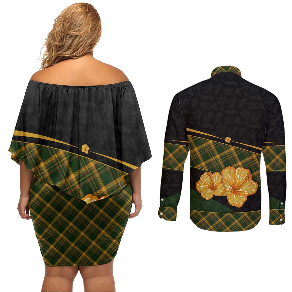 Martinique Heritage Couples Matching Off Shoulder Short Dress and Long Sleeve Button Shirt Hibiscus Floral Design with Green and Yellow Madras Tartan