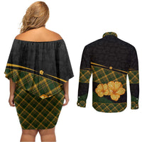 Martinique Heritage Couples Matching Off Shoulder Short Dress and Long Sleeve Button Shirt Hibiscus Floral Design with Green and Yellow Madras Tartan