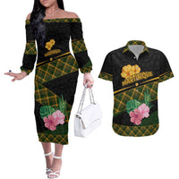 Martinique Heritage Couples Matching Off The Shoulder Long Sleeve Dress and Hawaiian Shirt Hibiscus Floral Design with Green and Yellow Madras Tartan