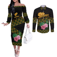 Martinique Heritage Couples Matching Off The Shoulder Long Sleeve Dress and Long Sleeve Button Shirt Hibiscus Floral Design with Green and Yellow Madras Tartan