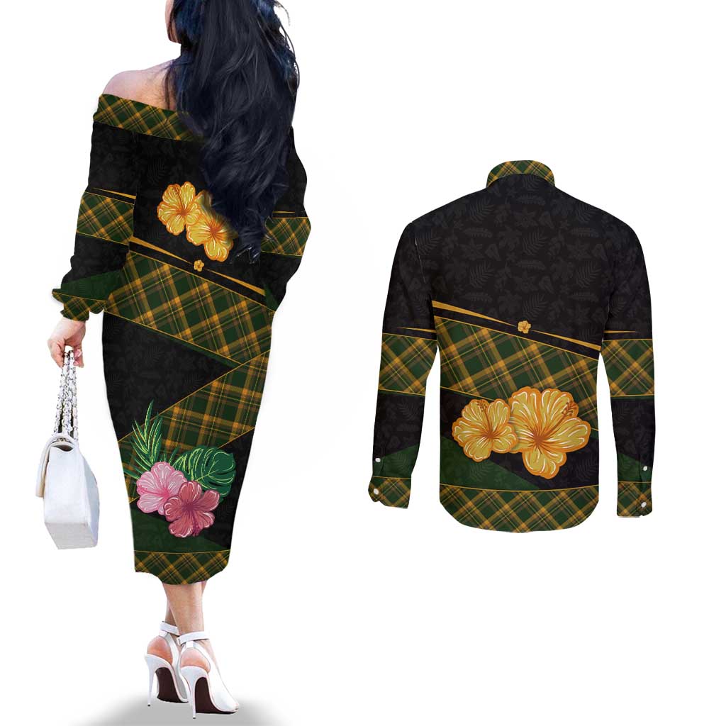 Martinique Heritage Couples Matching Off The Shoulder Long Sleeve Dress and Long Sleeve Button Shirt Hibiscus Floral Design with Green and Yellow Madras Tartan