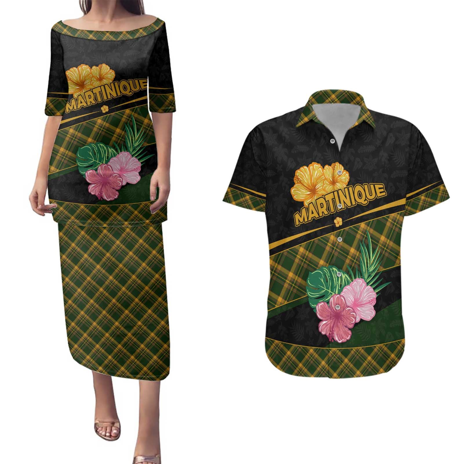 Martinique Heritage Couples Matching Puletasi and Hawaiian Shirt Hibiscus Floral Design with Green and Yellow Madras Tartan