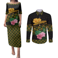 Martinique Heritage Couples Matching Puletasi and Long Sleeve Button Shirt Hibiscus Floral Design with Green and Yellow Madras Tartan