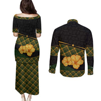 Martinique Heritage Couples Matching Puletasi and Long Sleeve Button Shirt Hibiscus Floral Design with Green and Yellow Madras Tartan