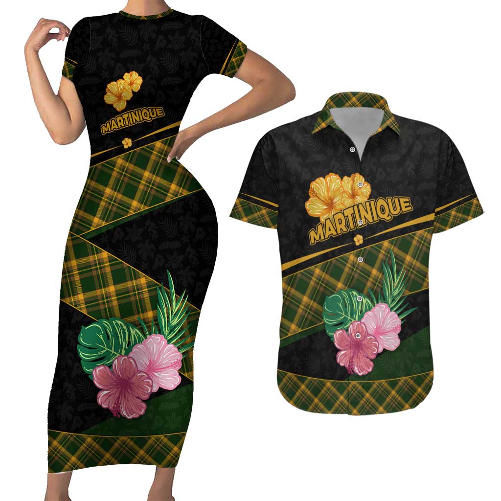 Martinique Heritage Couples Matching Short Sleeve Bodycon Dress and Hawaiian Shirt Hibiscus Floral Design with Green and Yellow Madras Tartan