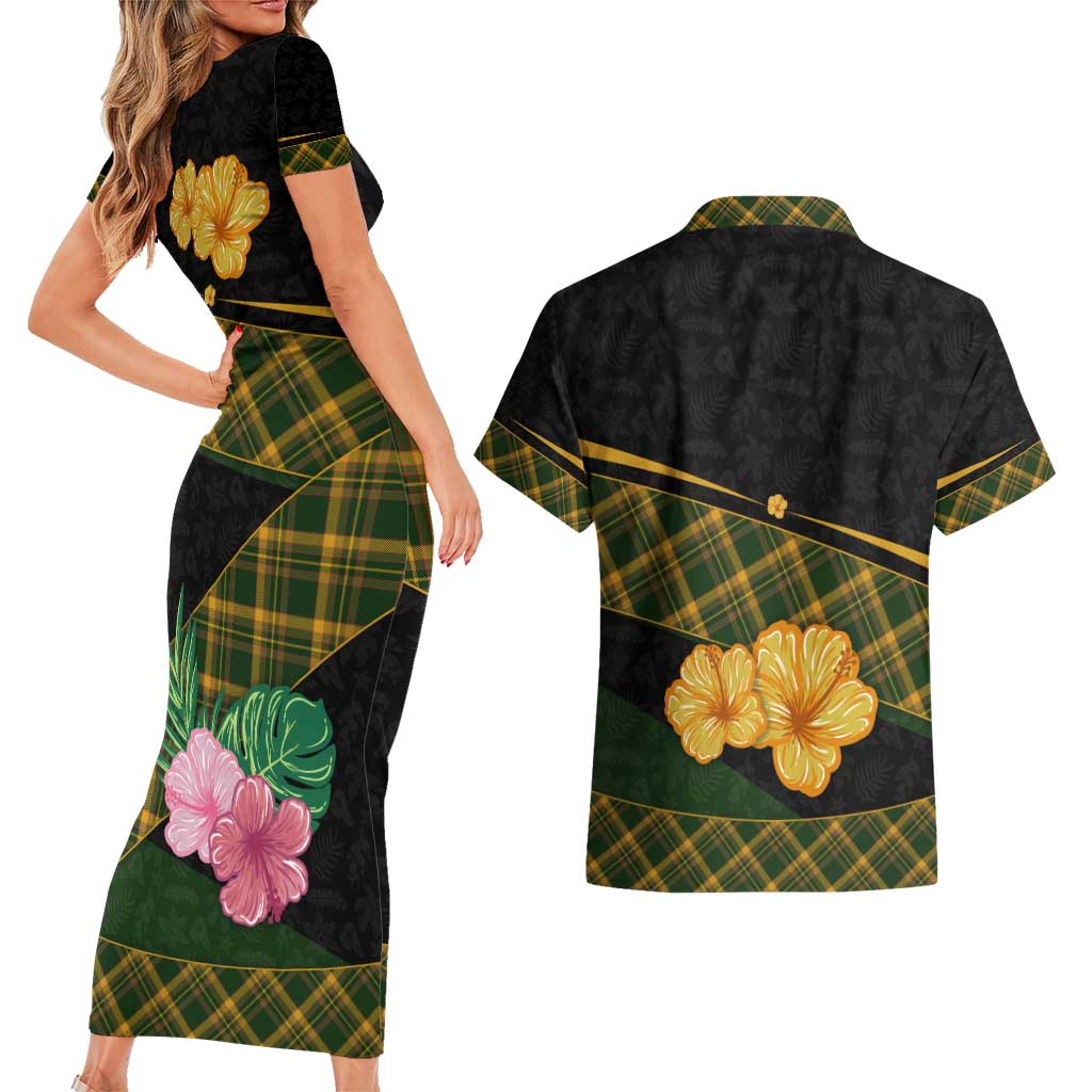 Martinique Heritage Couples Matching Short Sleeve Bodycon Dress and Hawaiian Shirt Hibiscus Floral Design with Green and Yellow Madras Tartan
