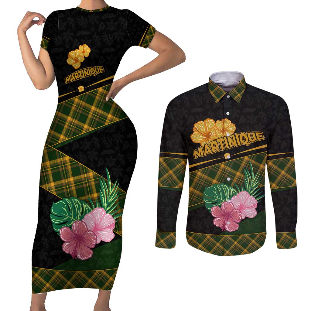 Martinique Heritage Couples Matching Short Sleeve Bodycon Dress and Long Sleeve Button Shirt Hibiscus Floral Design with Green and Yellow Madras Tartan