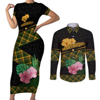 Martinique Heritage Couples Matching Short Sleeve Bodycon Dress and Long Sleeve Button Shirt Hibiscus Floral Design with Green and Yellow Madras Tartan