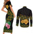 Martinique Heritage Couples Matching Short Sleeve Bodycon Dress and Long Sleeve Button Shirt Hibiscus Floral Design with Green and Yellow Madras Tartan