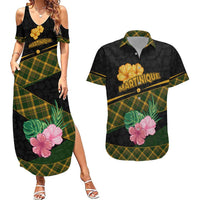 Martinique Heritage Couples Matching Summer Maxi Dress and Hawaiian Shirt Hibiscus Floral Design with Green and Yellow Madras Tartan