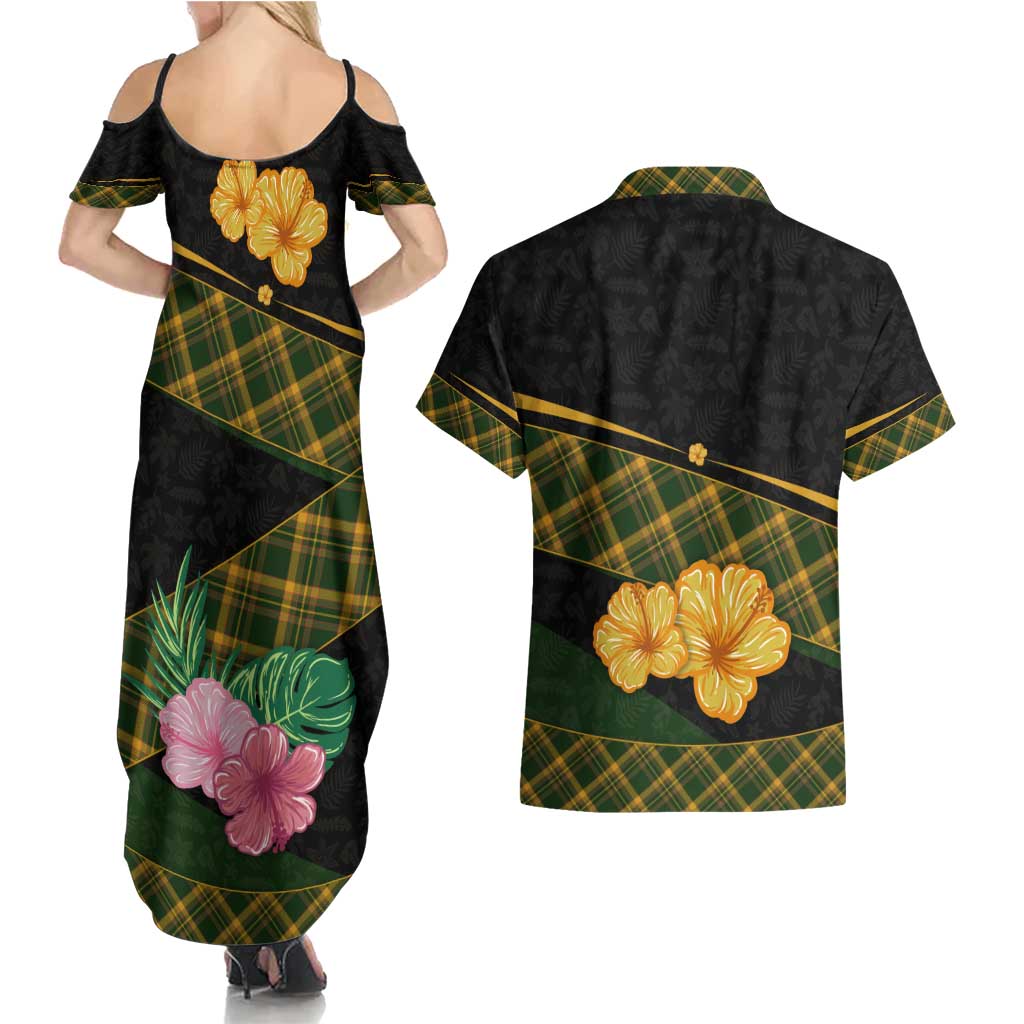 Martinique Heritage Couples Matching Summer Maxi Dress and Hawaiian Shirt Hibiscus Floral Design with Green and Yellow Madras Tartan