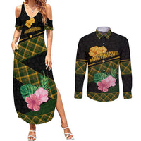 Martinique Heritage Couples Matching Summer Maxi Dress and Long Sleeve Button Shirt Hibiscus Floral Design with Green and Yellow Madras Tartan