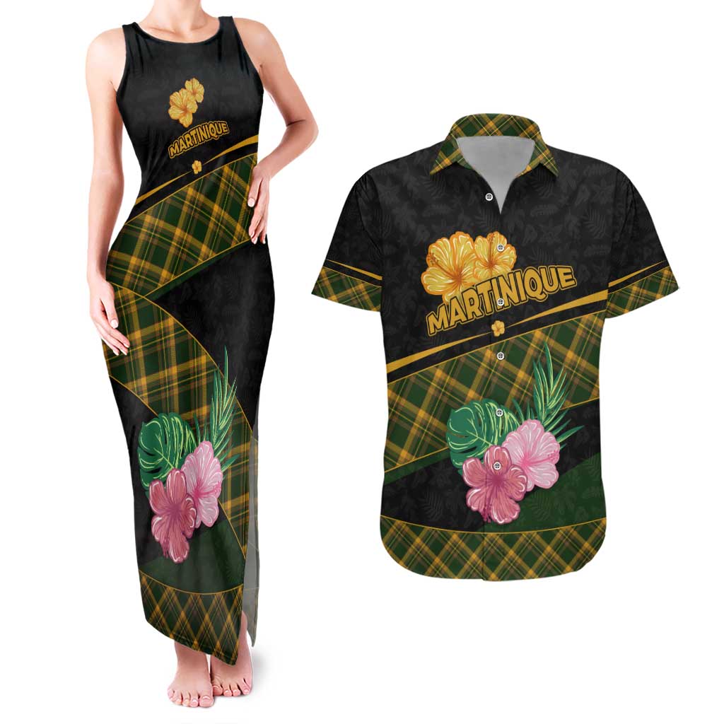 Martinique Heritage Couples Matching Tank Maxi Dress and Hawaiian Shirt Hibiscus Floral Design with Green and Yellow Madras Tartan