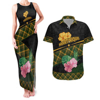 Martinique Heritage Couples Matching Tank Maxi Dress and Hawaiian Shirt Hibiscus Floral Design with Green and Yellow Madras Tartan