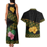 Martinique Heritage Couples Matching Tank Maxi Dress and Hawaiian Shirt Hibiscus Floral Design with Green and Yellow Madras Tartan