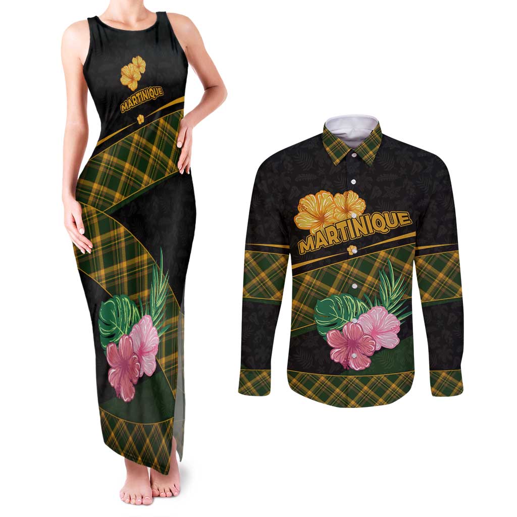Martinique Heritage Couples Matching Tank Maxi Dress and Long Sleeve Button Shirt Hibiscus Floral Design with Green and Yellow Madras Tartan