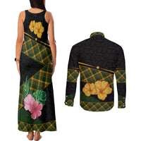 Martinique Heritage Couples Matching Tank Maxi Dress and Long Sleeve Button Shirt Hibiscus Floral Design with Green and Yellow Madras Tartan