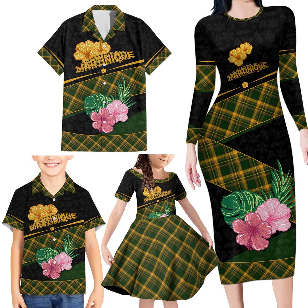 Martinique Heritage Family Matching Long Sleeve Bodycon Dress and Hawaiian Shirt Hibiscus Floral Design with Green and Yellow Madras Tartan