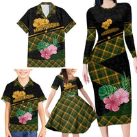 Martinique Heritage Family Matching Long Sleeve Bodycon Dress and Hawaiian Shirt Hibiscus Floral Design with Green and Yellow Madras Tartan