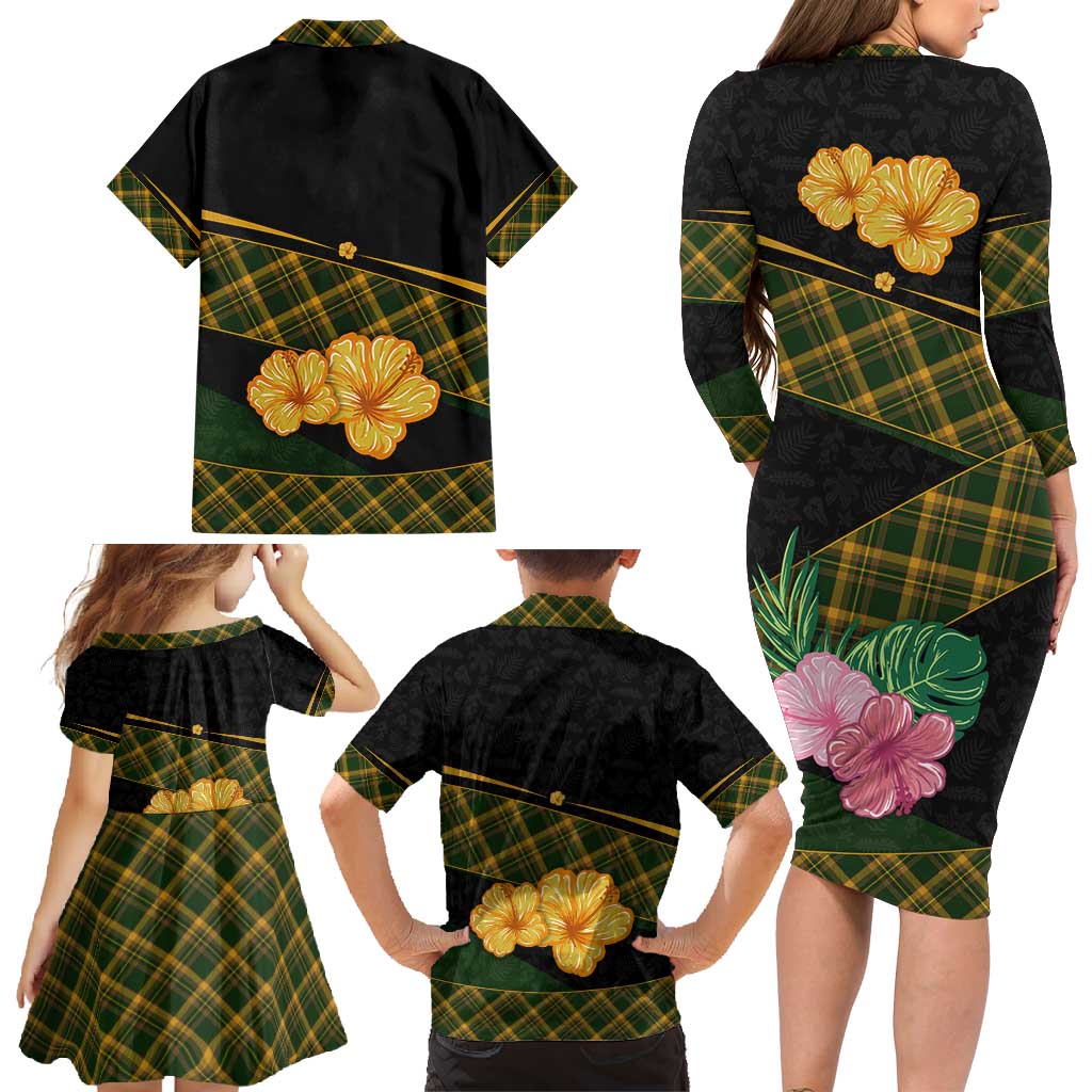 Martinique Heritage Family Matching Long Sleeve Bodycon Dress and Hawaiian Shirt Hibiscus Floral Design with Green and Yellow Madras Tartan