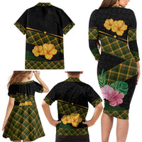 Martinique Heritage Family Matching Long Sleeve Bodycon Dress and Hawaiian Shirt Hibiscus Floral Design with Green and Yellow Madras Tartan