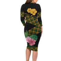Martinique Heritage Family Matching Long Sleeve Bodycon Dress and Hawaiian Shirt Hibiscus Floral Design with Green and Yellow Madras Tartan