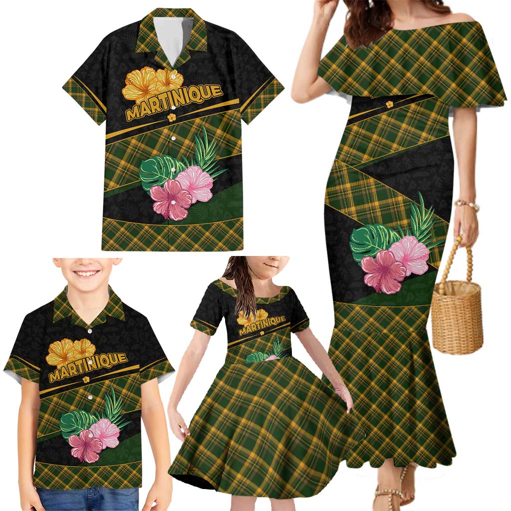 Martinique Heritage Family Matching Mermaid Dress and Hawaiian Shirt Hibiscus Floral Design with Green and Yellow Madras Tartan