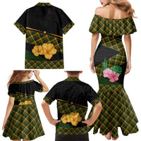 Martinique Heritage Family Matching Mermaid Dress and Hawaiian Shirt Hibiscus Floral Design with Green and Yellow Madras Tartan