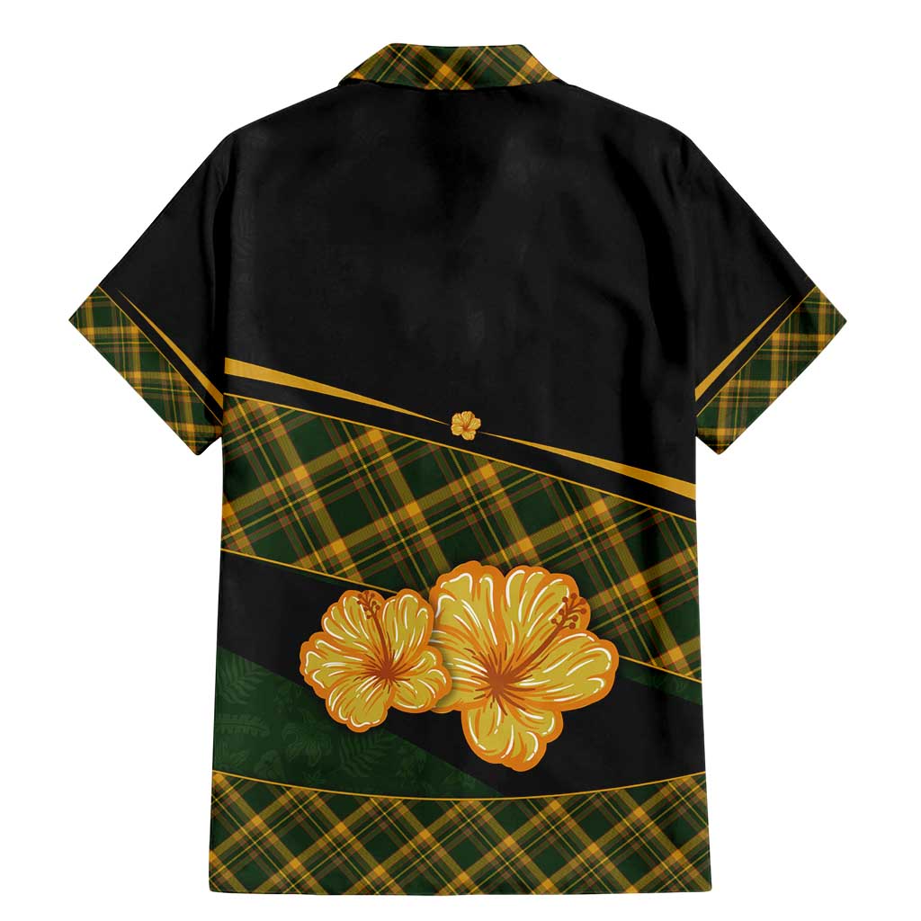 Martinique Heritage Family Matching Mermaid Dress and Hawaiian Shirt Hibiscus Floral Design with Green and Yellow Madras Tartan