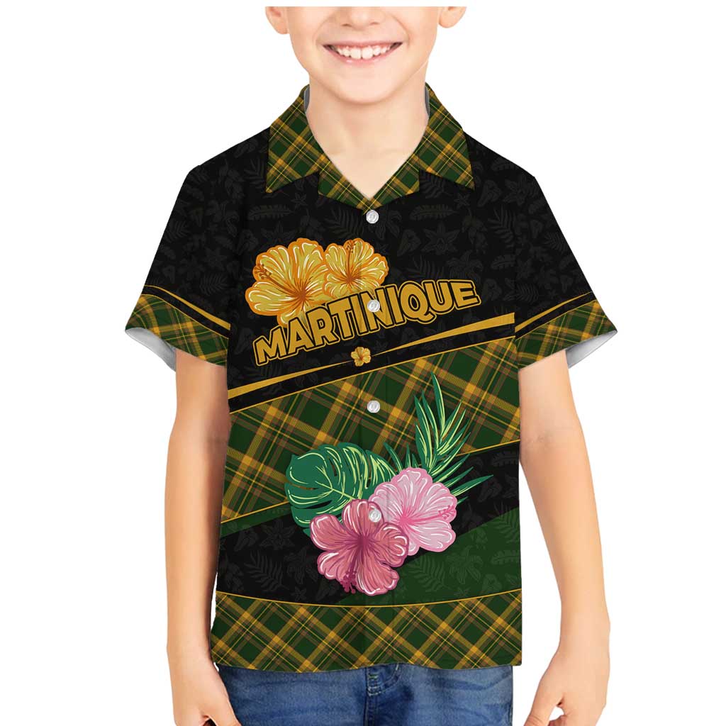 Martinique Heritage Family Matching Mermaid Dress and Hawaiian Shirt Hibiscus Floral Design with Green and Yellow Madras Tartan