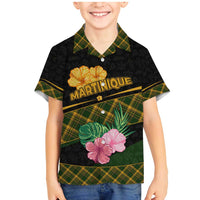 Martinique Heritage Family Matching Mermaid Dress and Hawaiian Shirt Hibiscus Floral Design with Green and Yellow Madras Tartan