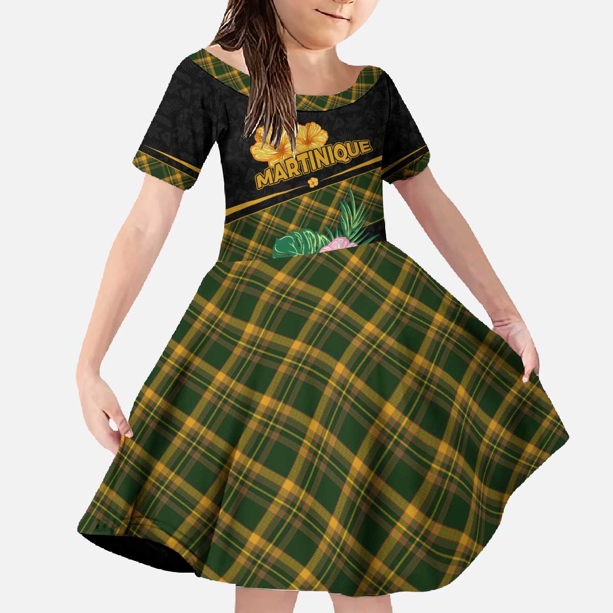 Martinique Heritage Family Matching Off The Shoulder Long Sleeve Dress and Hawaiian Shirt Hibiscus Floral Design with Green and Yellow Madras Tartan