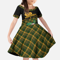 Martinique Heritage Family Matching Off The Shoulder Long Sleeve Dress and Hawaiian Shirt Hibiscus Floral Design with Green and Yellow Madras Tartan