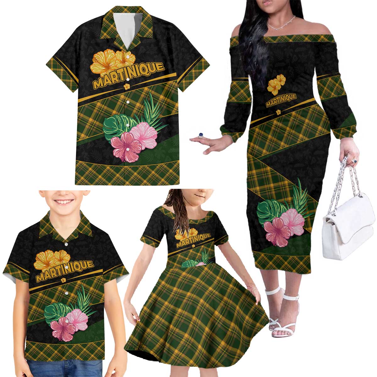 Martinique Heritage Family Matching Off The Shoulder Long Sleeve Dress and Hawaiian Shirt Hibiscus Floral Design with Green and Yellow Madras Tartan