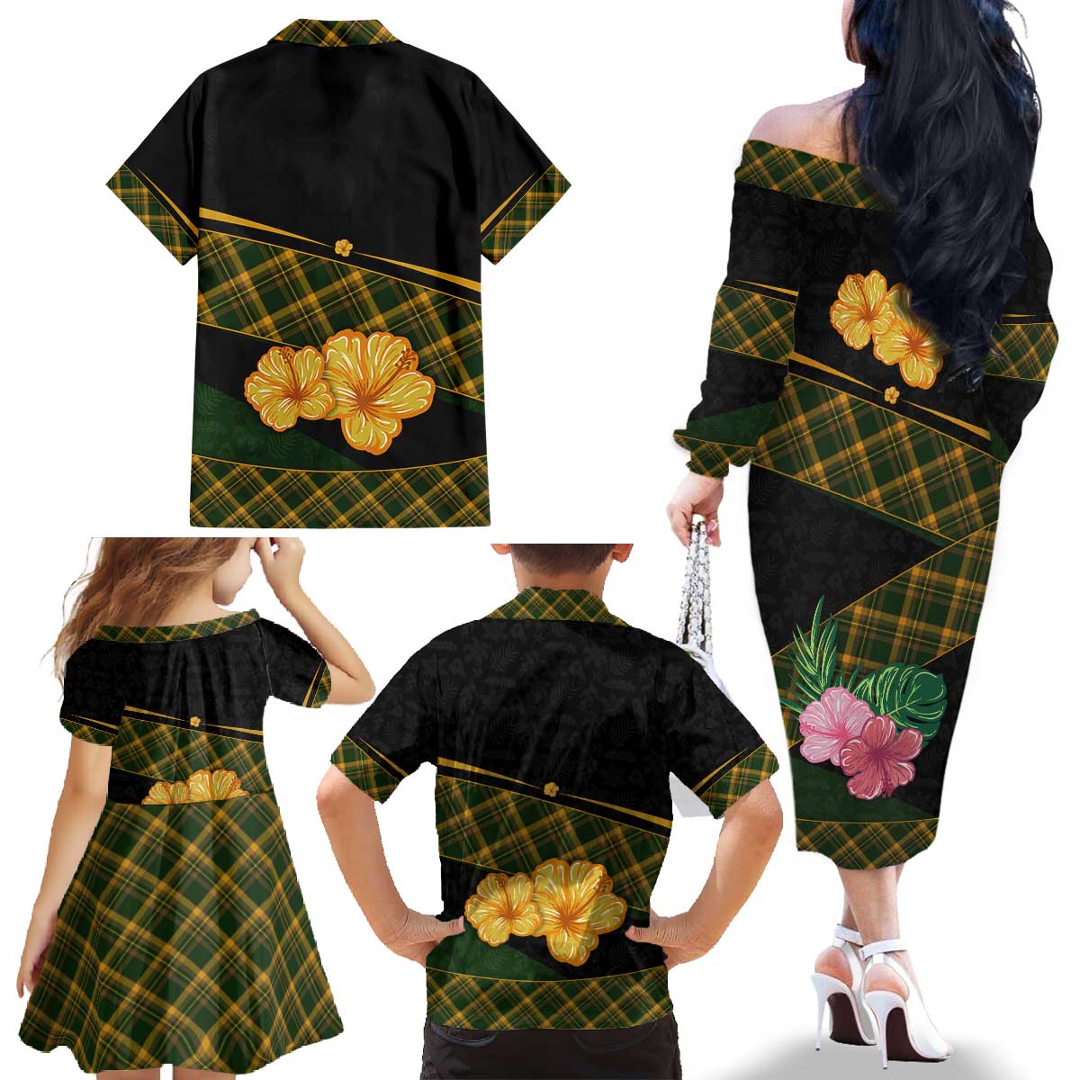 Martinique Heritage Family Matching Off The Shoulder Long Sleeve Dress and Hawaiian Shirt Hibiscus Floral Design with Green and Yellow Madras Tartan