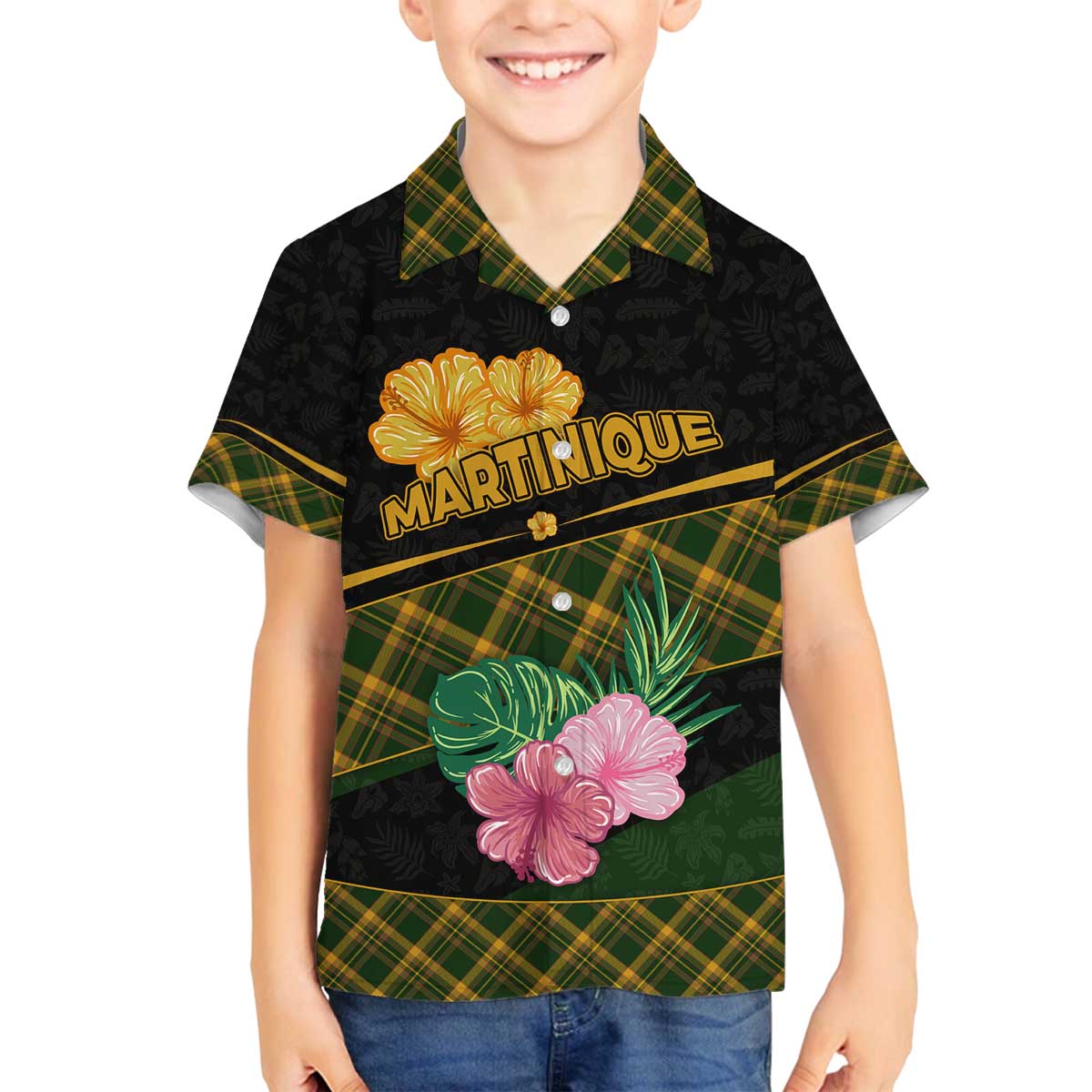Martinique Heritage Family Matching Off The Shoulder Long Sleeve Dress and Hawaiian Shirt Hibiscus Floral Design with Green and Yellow Madras Tartan