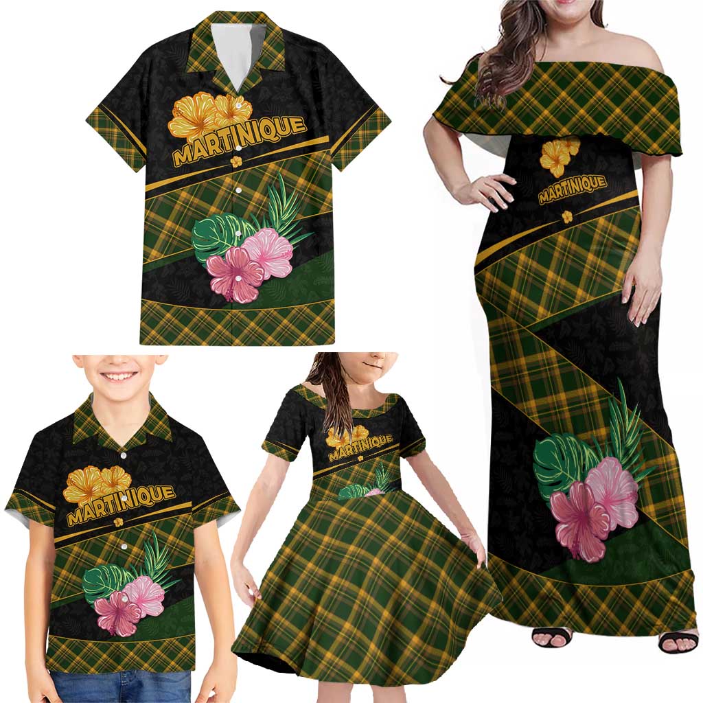 Martinique Heritage Family Matching Off Shoulder Maxi Dress and Hawaiian Shirt Hibiscus Floral Design with Green and Yellow Madras Tartan